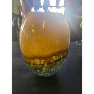 Art Glass Vase Ovoid Hand Blown Amber Blue White Bubble Speckle 8 Inch